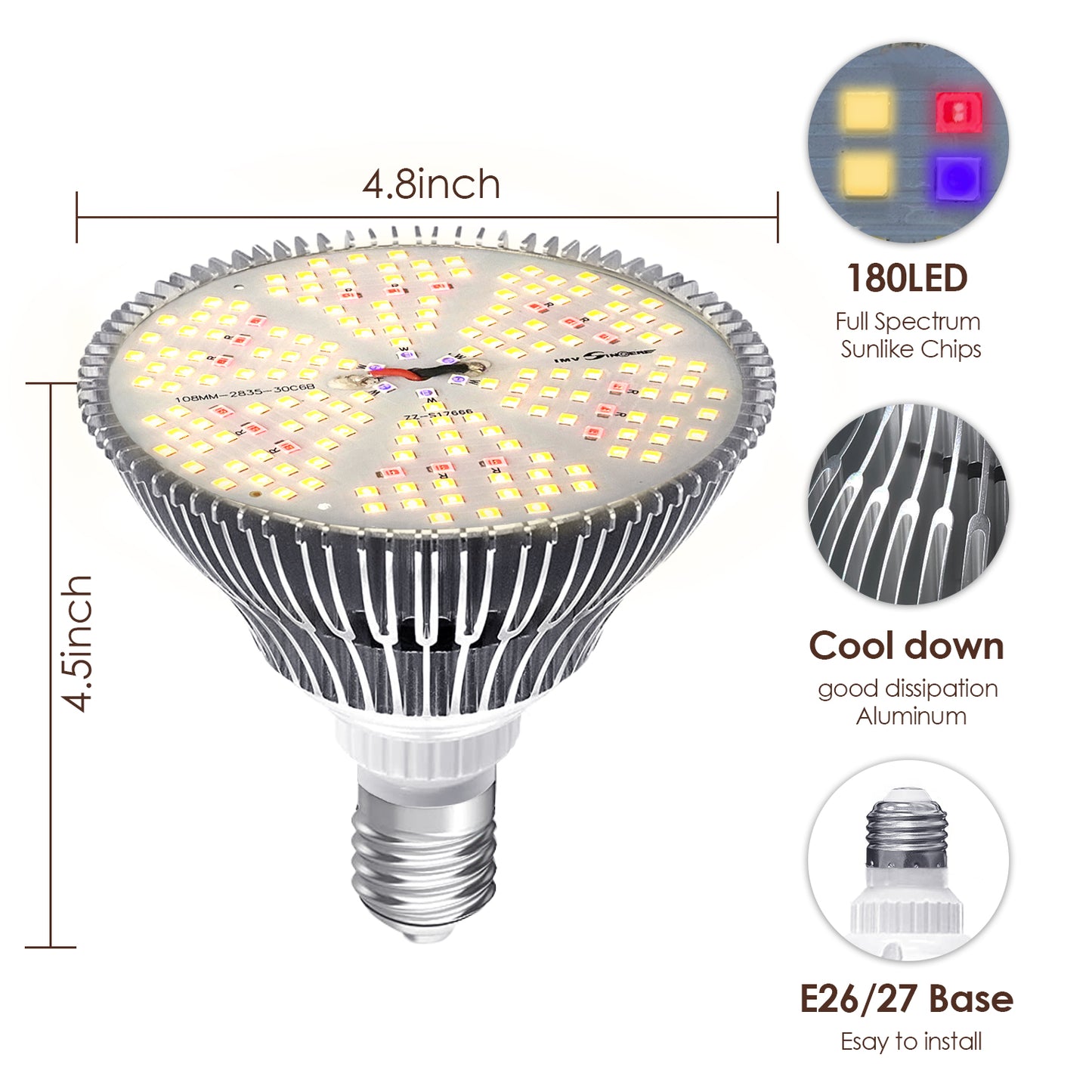 IMVSINCERE Grow Light Bulbs Full Spectrum, Grow Light for Indoor Plants with 180 LEDs, E26 E27 Base Grow Light Bulb for All Stages of Plant Growth House Garden Greenhouse Hydroponic Veg Flower